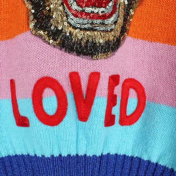 NWT Gucci Stripe Sequin Embroidered Wool Sweater, Small, Tiger “Loved” Appliqué - Picture 8 of 16
